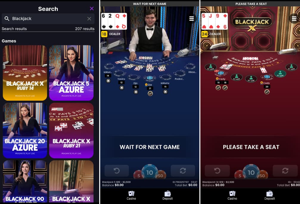 On the left we see options for different Blackjack games, in the middle is Live Blackjack, and on the right is Blackjack X.