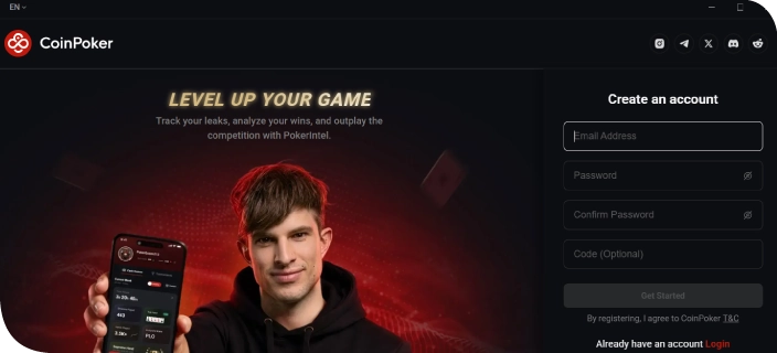 A look at the main screen of the CoinPoker application where users can register or log in.