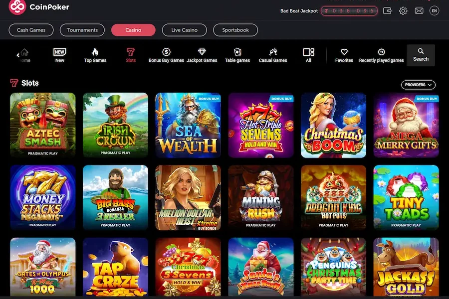 The CoinPoker Casino lobby showing a range of slots games.