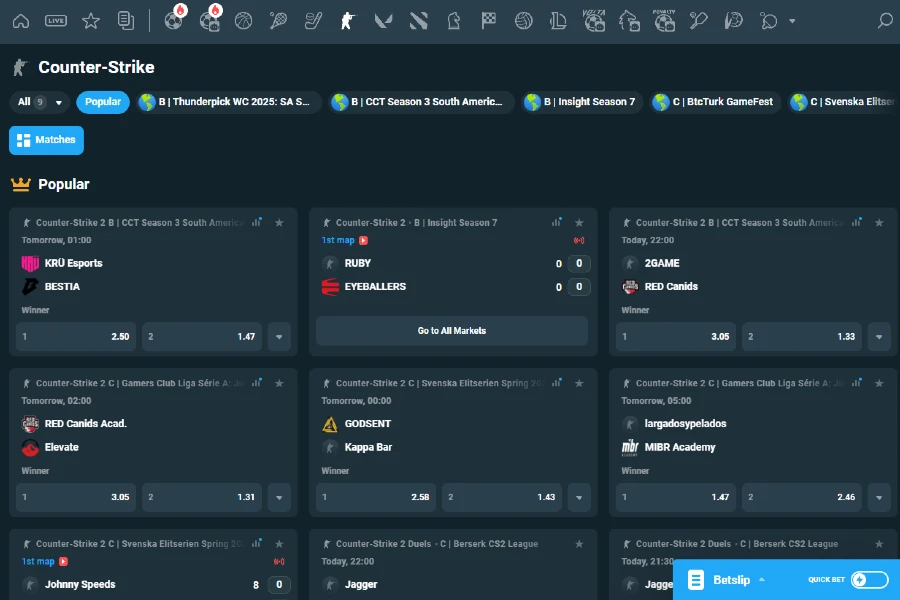 A screenshot of the CoinPoker COD betting lobby showing various events and betting markets for live or future bets.