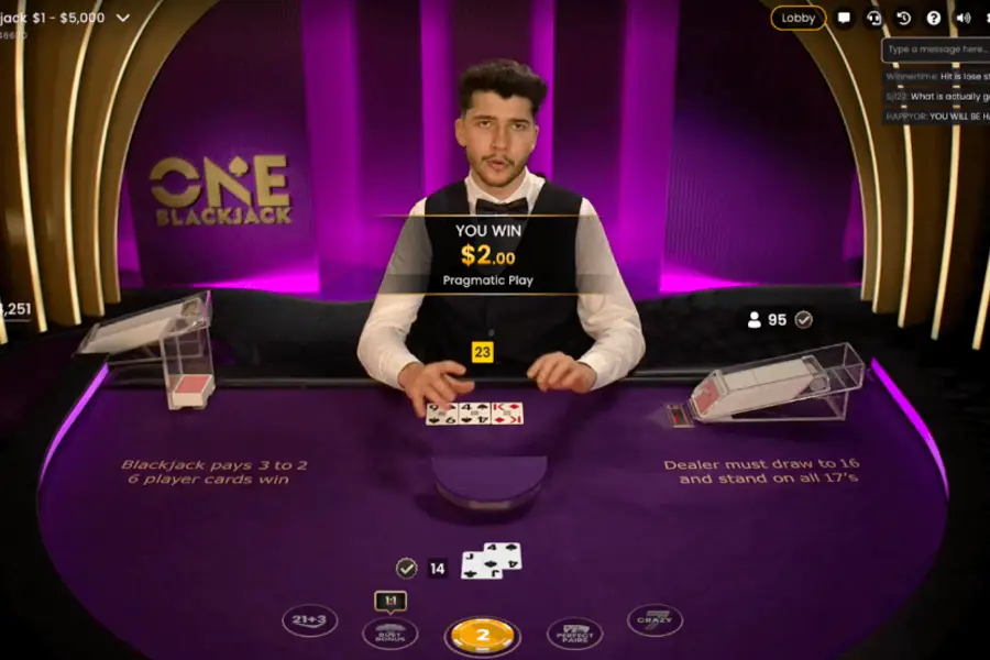 A player wins a game of real money Blackjack after the deal busts with 23.