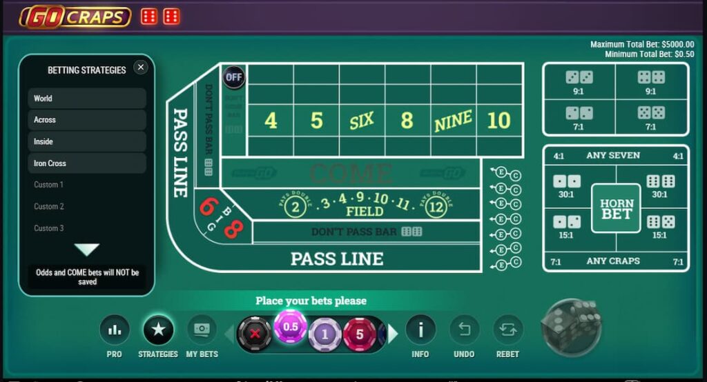 Craps table bets with Pro betting strategies.