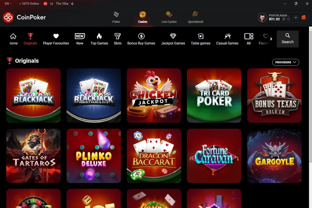 A screenshot of the real money Blackjack lobby and several popular titles found on CoinPoker Casino.