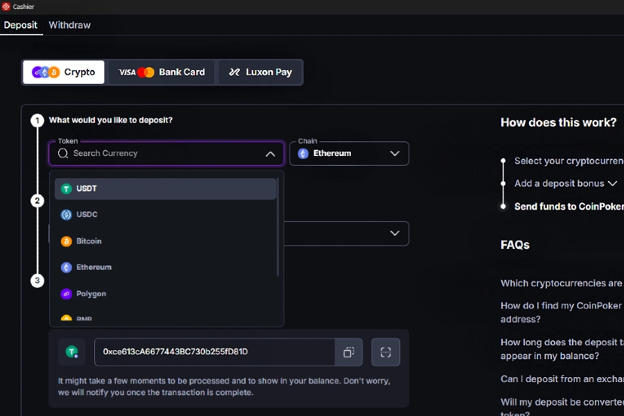 An image shows the CoinPoker Cashier and many different crypto deposit options.