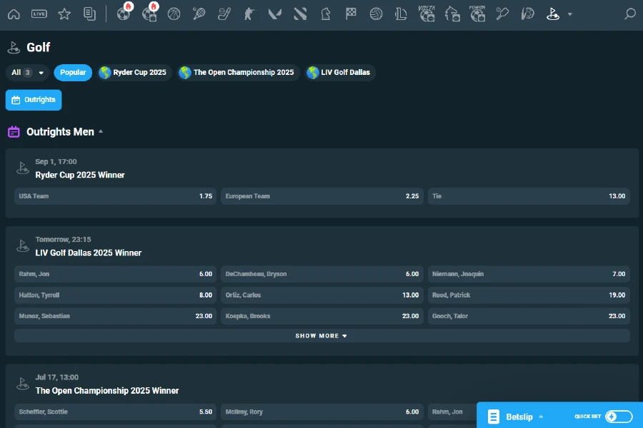 A screenshot of the CoinPoker golf betting lobby showing various events and betting markets for live or future bets.