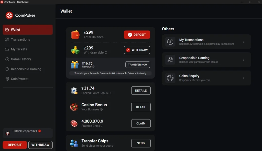 A screenshot shows the CoinPoker Cashier, where users select crypto-currencies, a bonus, and send funds to a wallet address.