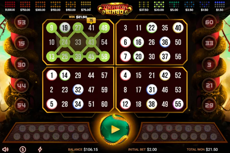 Image of Dragon Bingo casino game on Coinpoker, showing four bingo cards with different numbers.