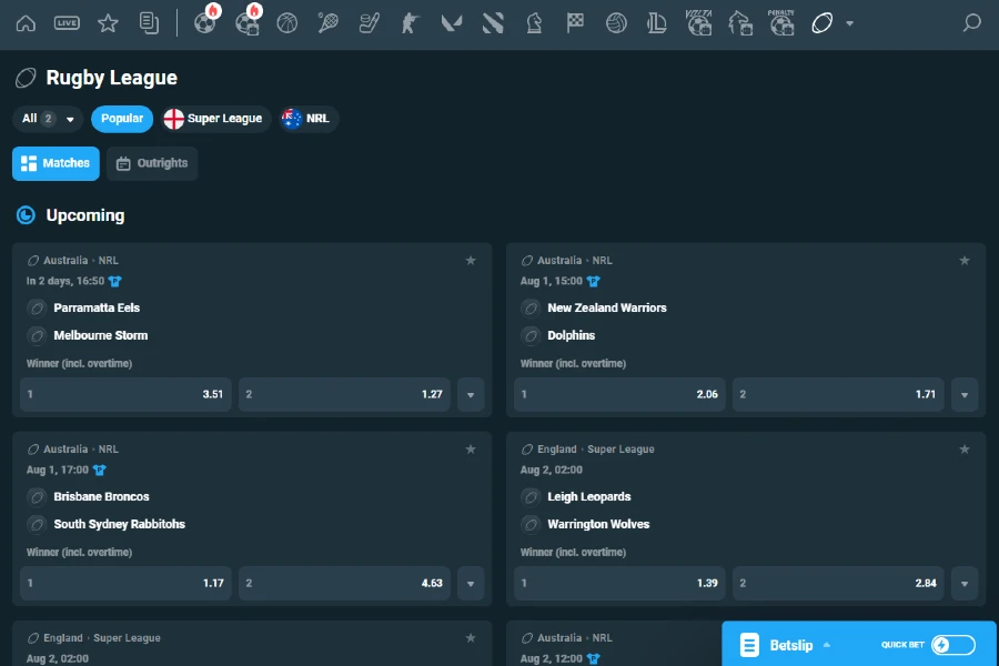 Rugby league markets on CoinPoker crypto sportsbook.