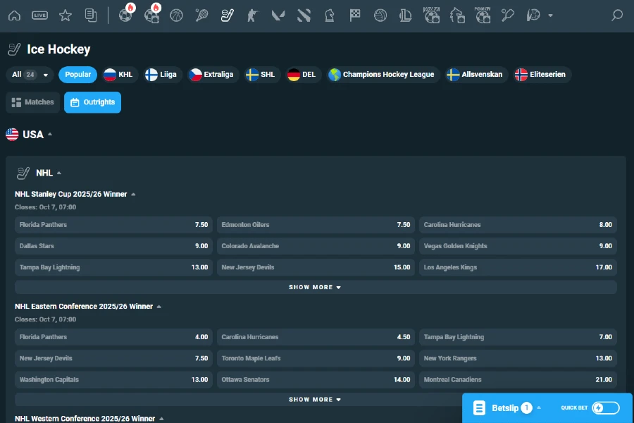 A look at the ice hockey betting lobby on CoinPoker, showing outright betting markets.
