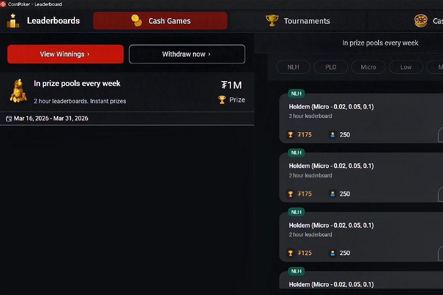 $1,000,000 Weekly Cash Game Leaderboards