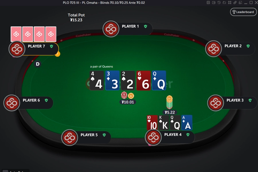Pot Limit Omaha Poker betting action with 5 river cards and 4 visible hole cards against one opponent.