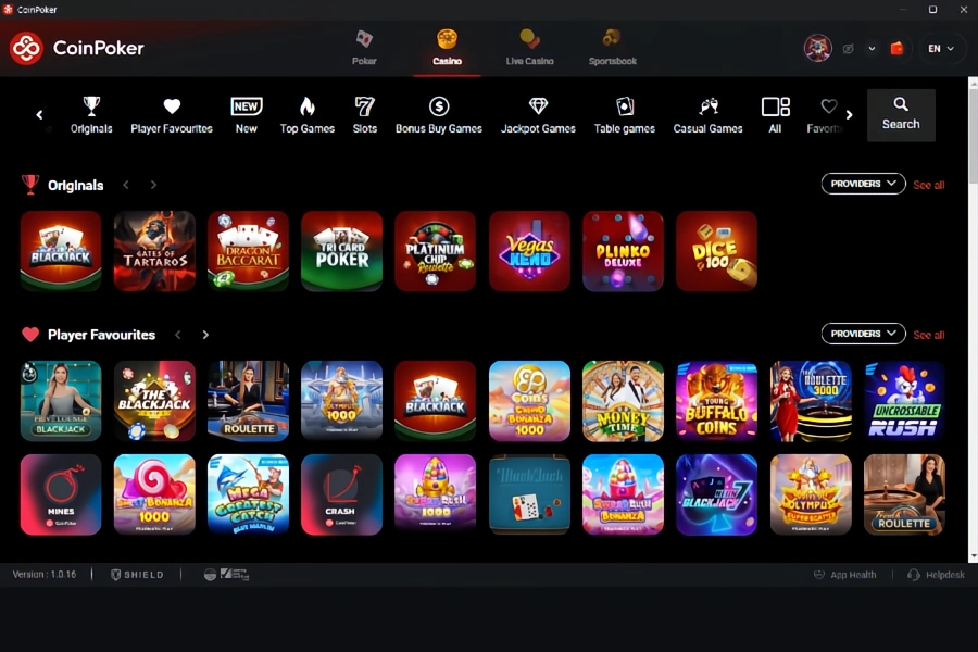 The CoinPoker crypto casino lobby showing original games and other titles from trusted game developers.